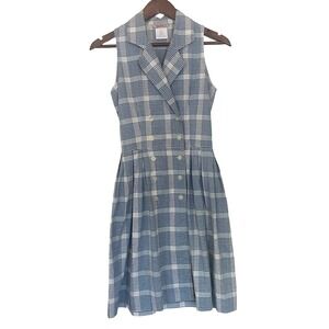 Esprit Plaid Women Sleeveless Vintage Dress Blue Double Breasted Cotton Pleated
